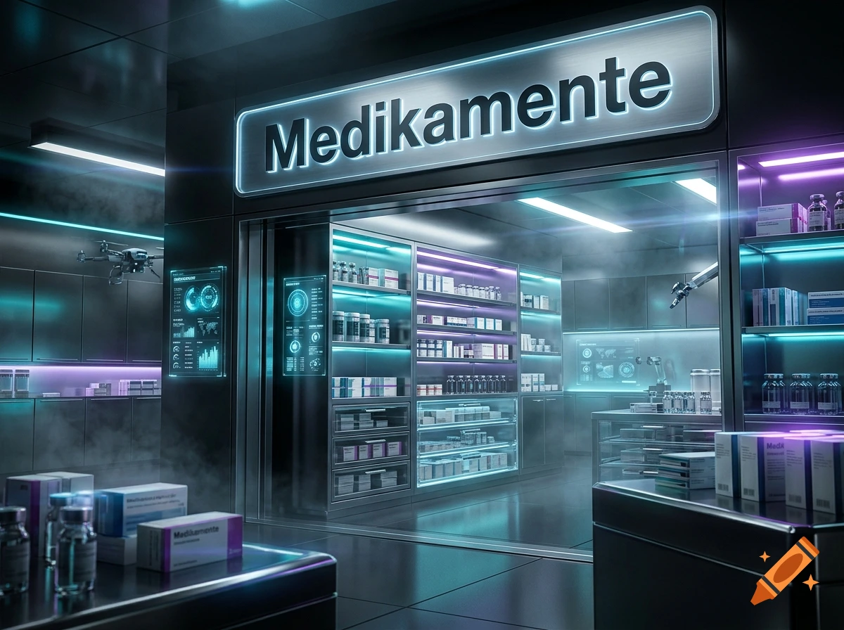 Futuristic high-tech pharmaceutical storage facility with glowing signs and robotic shelves, photorealistic style.