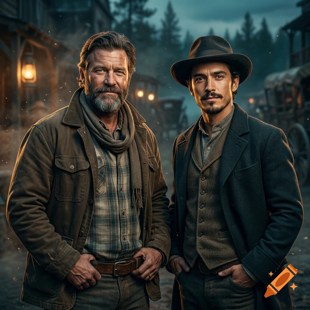 Portrait of two men in period clothing standing on a frontier town street.