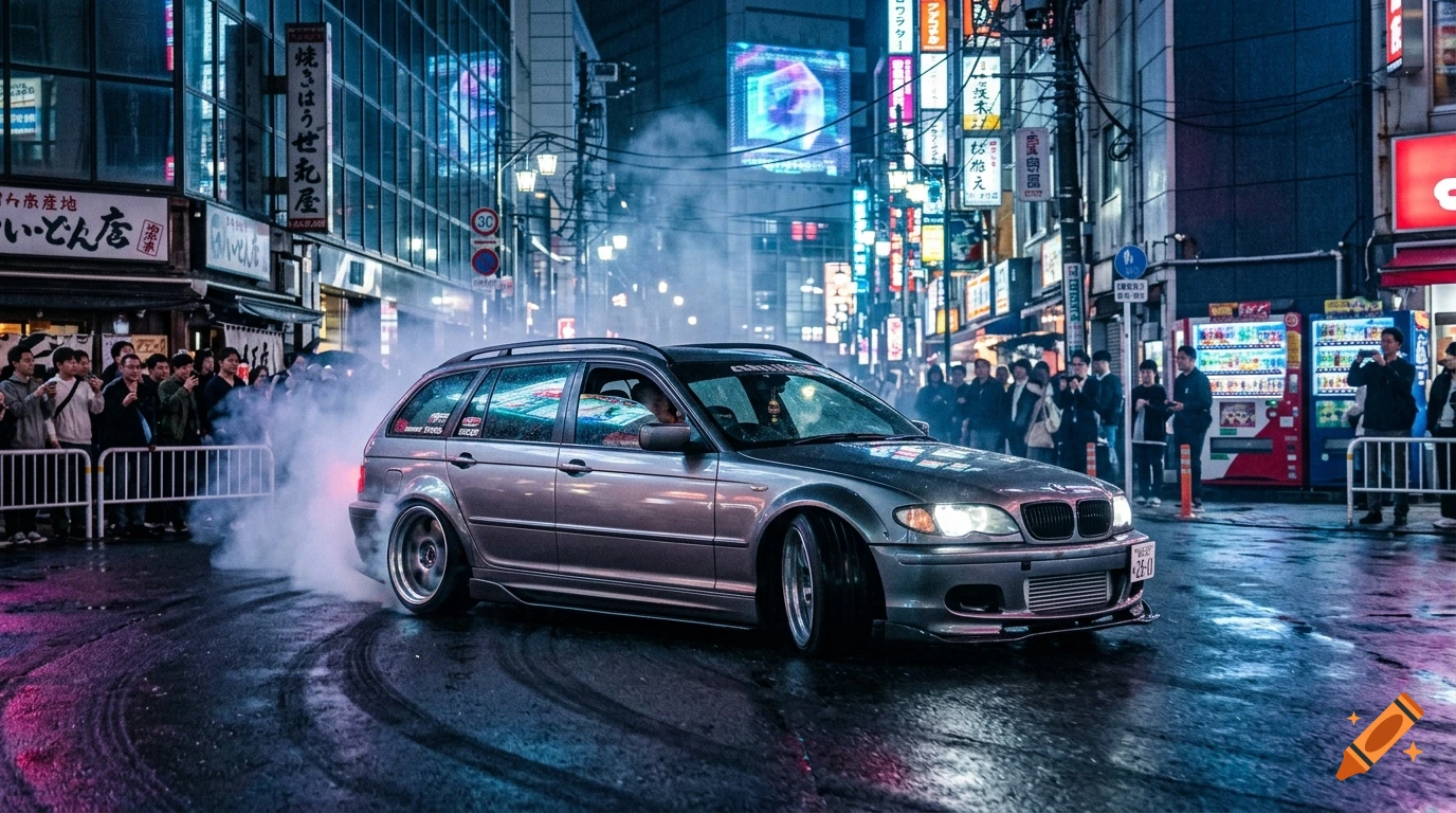 A silver station wagon drifting on a wet Tokyo street at night, surrounded by onlookers and neon signs, photorealistic style.
