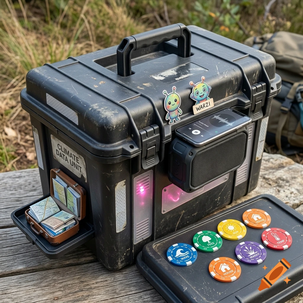 A black plastic equipment case outdoors with colorful chips, a speaker with a smartphone, a tiny open suitcase with maps, and alien stickers on top.