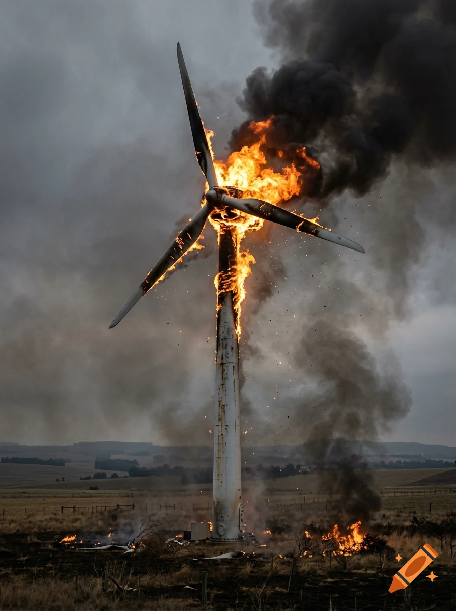 Photorealistic image of a wind turbine on fire with thick black smoke billowing into the sky in a rural landscape.