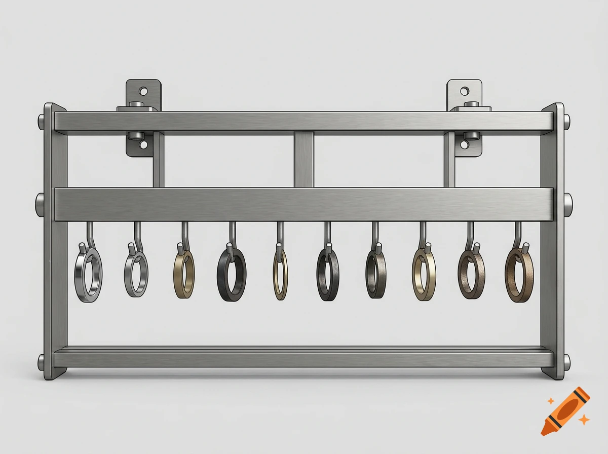 A metallic industrial jig holding various small rings of different metals on a light grey background, photorealistic 3D render.