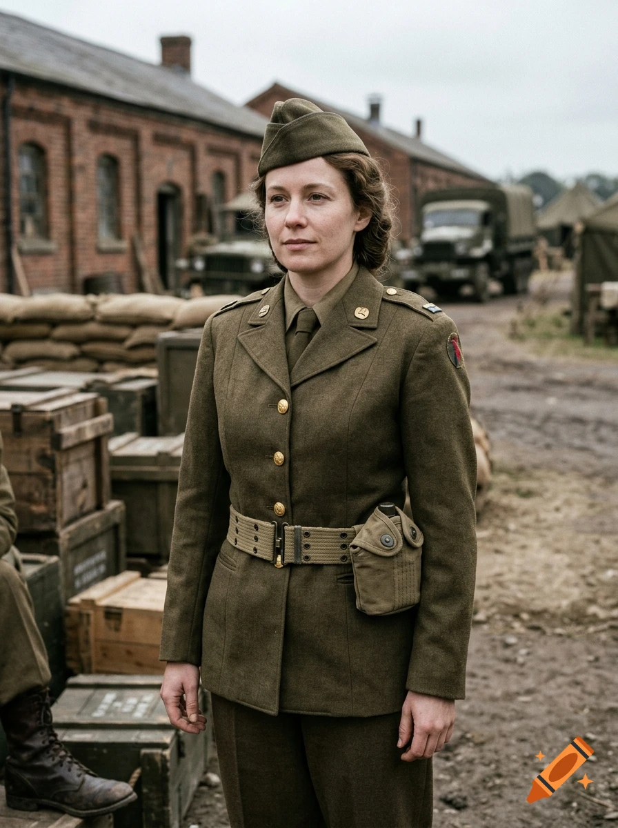 A woman in a military uniform standing outside an army camp with wooden crates in the background.