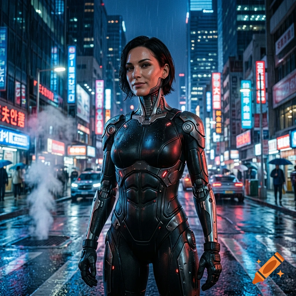 A female cyborg figure in dark armor stands on a wet city street at night, surrounded by neon signs and skyscrapers.
