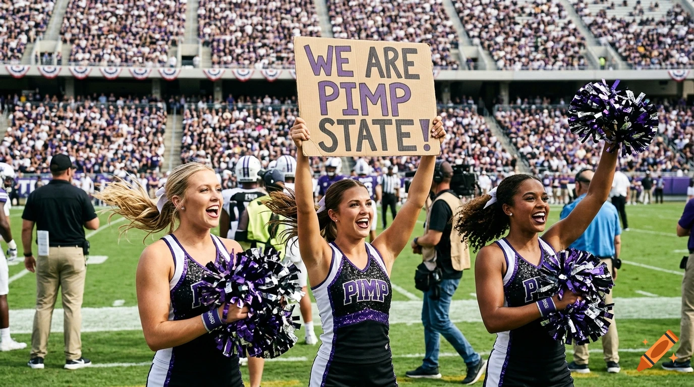 Three cheerleaders in purple and black uniforms hold up a sign reading WE ARE PIMP STATE! on a crowded football field.