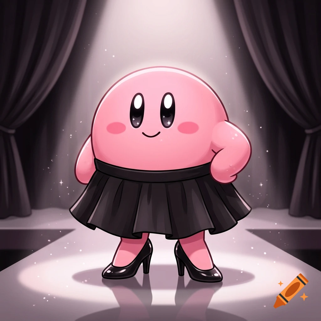 Kirby wearing a black skirt and high heels on a runway under a spotlight, digital art style.