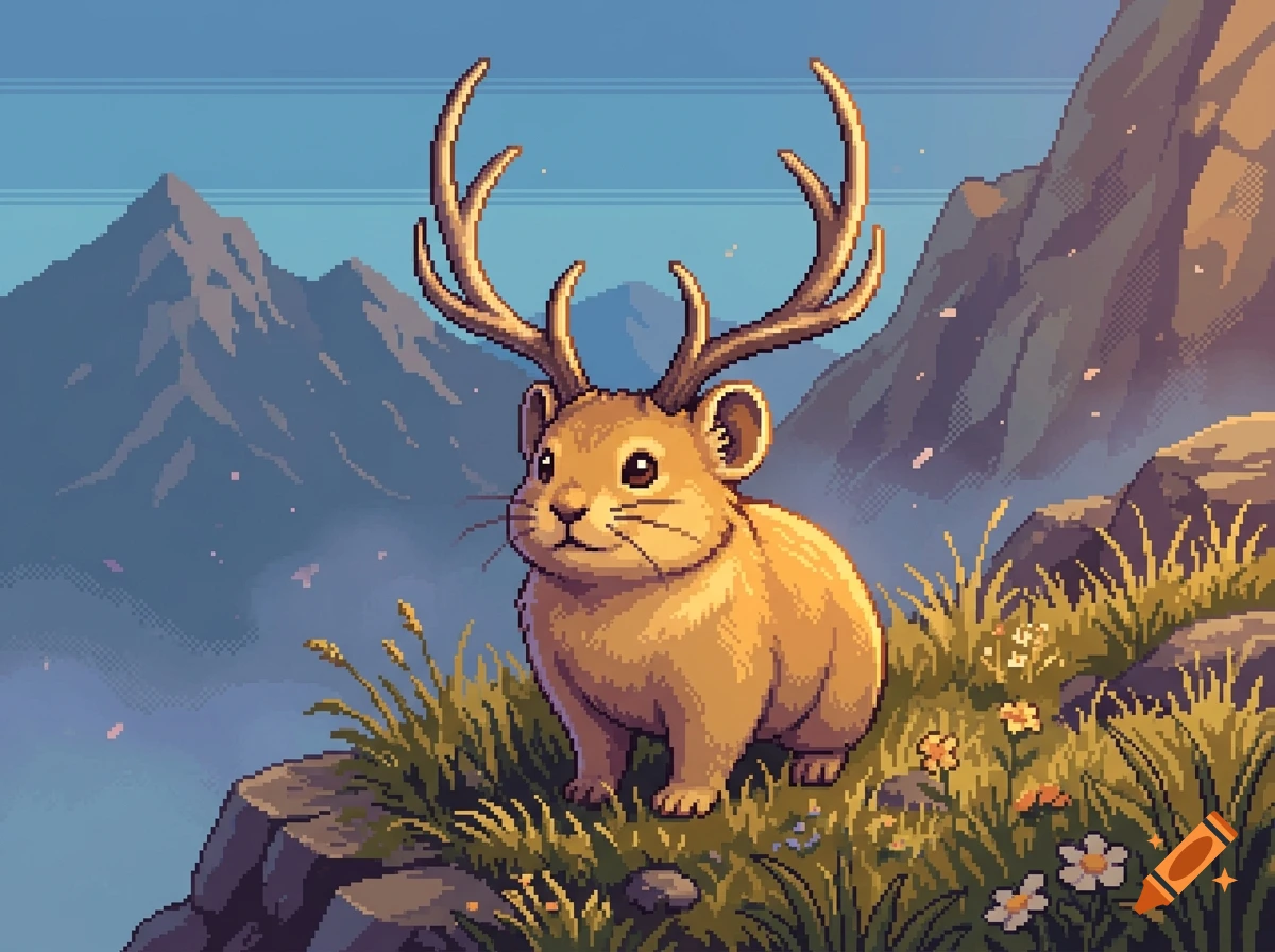 Pixel art of a cute furry creature with large antlers, standing on a grassy cliffside with mountains in the background.
