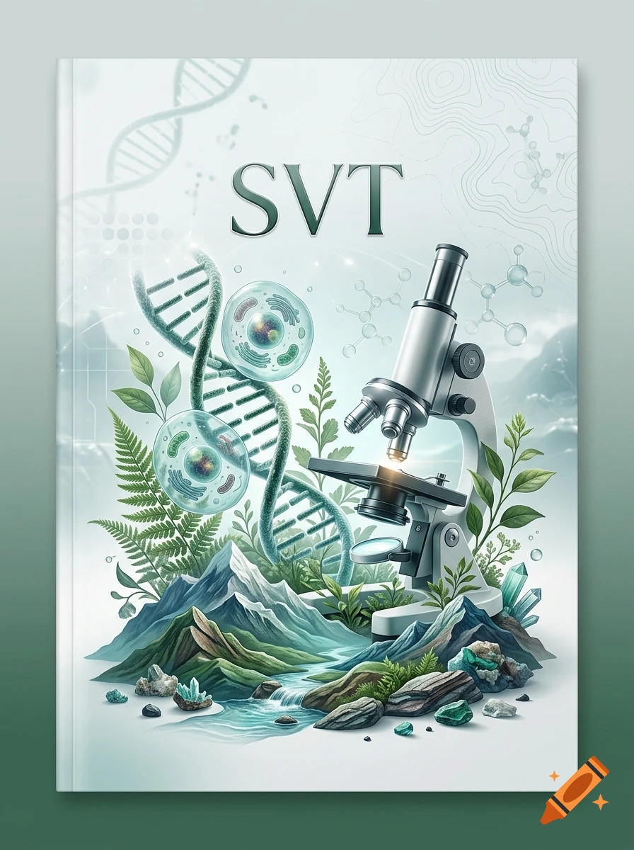 A scientific book cover with the title SVT, featuring a microscope, DNA strand, cells, mountains, and plants in a clean, modern style.