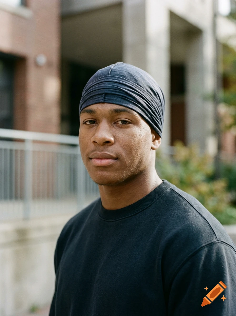 Close-up photorealistic portrait of a young man wearing a black durag and a dark sweatshirt outdoors.