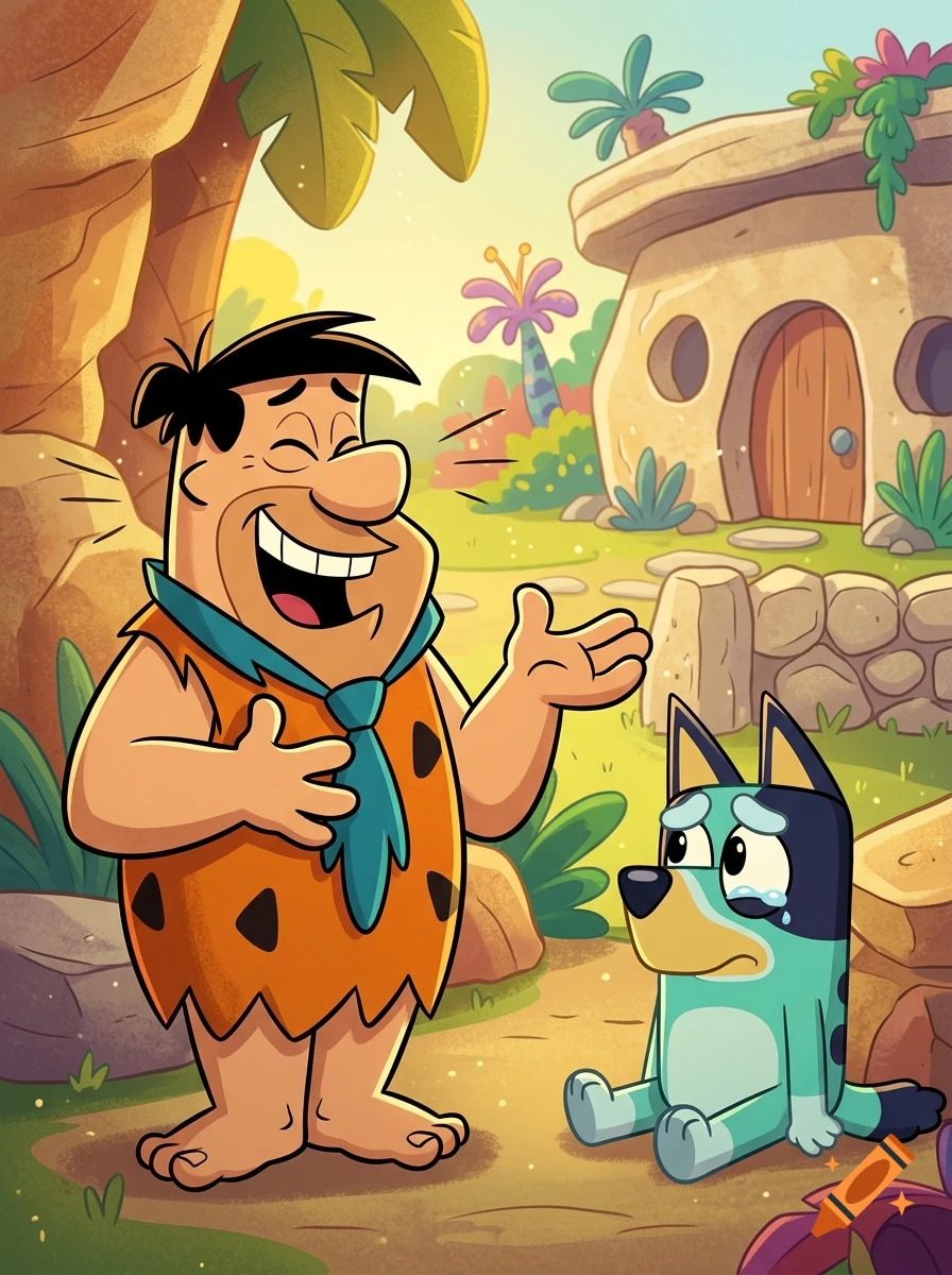 Fred Flintstone laughing while Bluey sits crying on the ground in a prehistoric stone age setting, digital cartoon style.