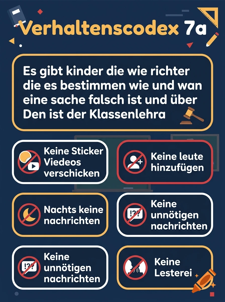 A dark blue poster titled Verhaltenskodex 7a with rules and icons in German.