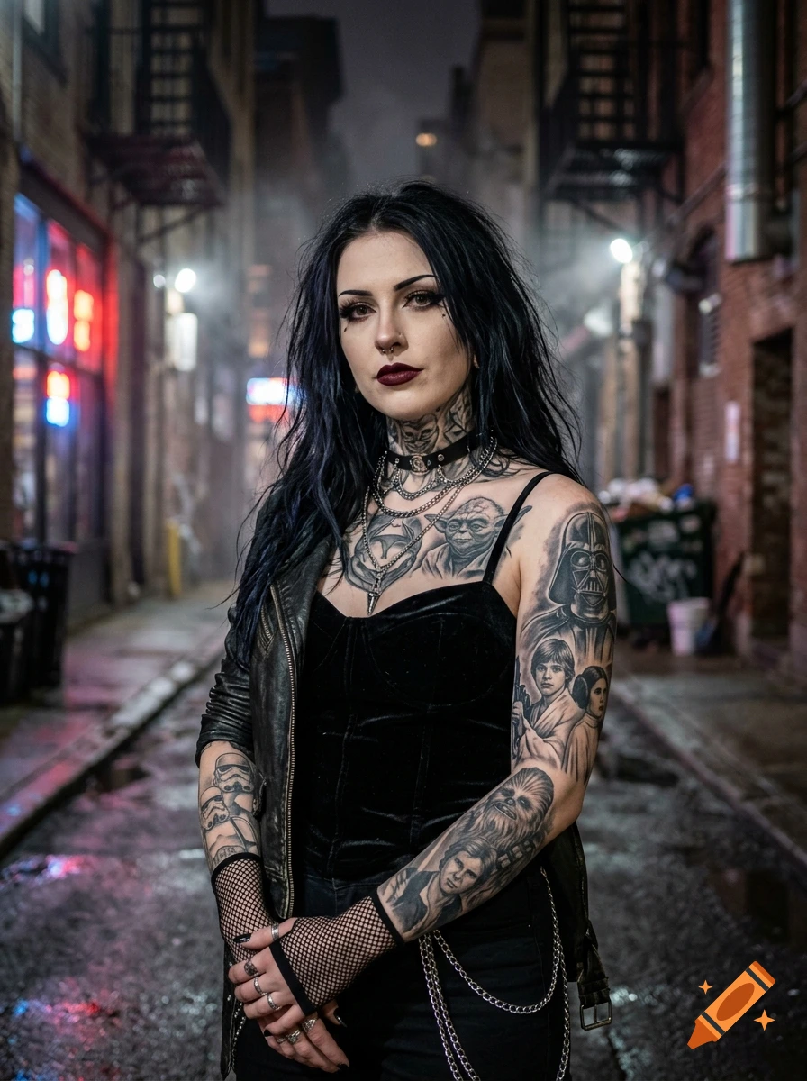 Photorealistic portrait of a goth woman with dark hair, piercings, and Star Wars character tattoos in an alleyway.