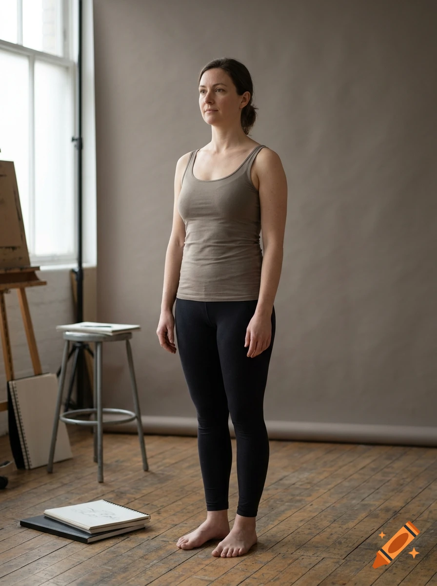 A full-length photo of a woman standing in an artist studio with a stool and easel in the background.