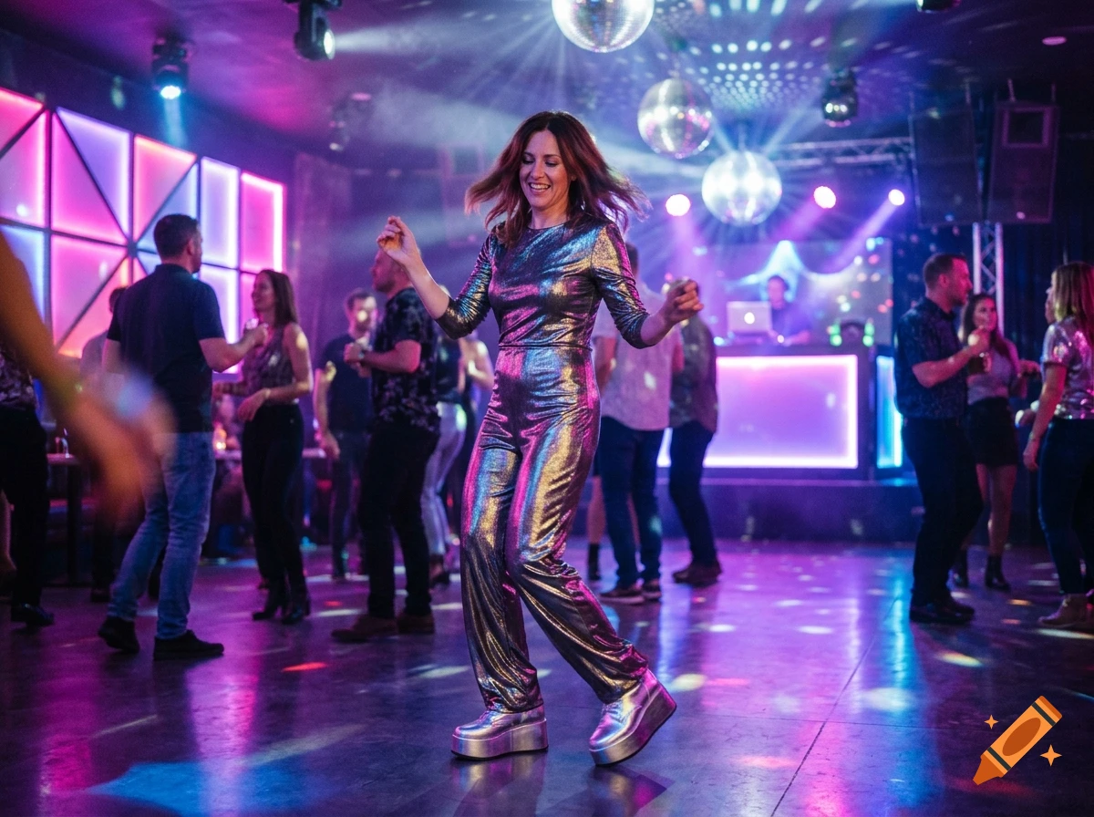 A woman in a shiny disco outfit dancing in a nightclub with disco balls and neon lights.