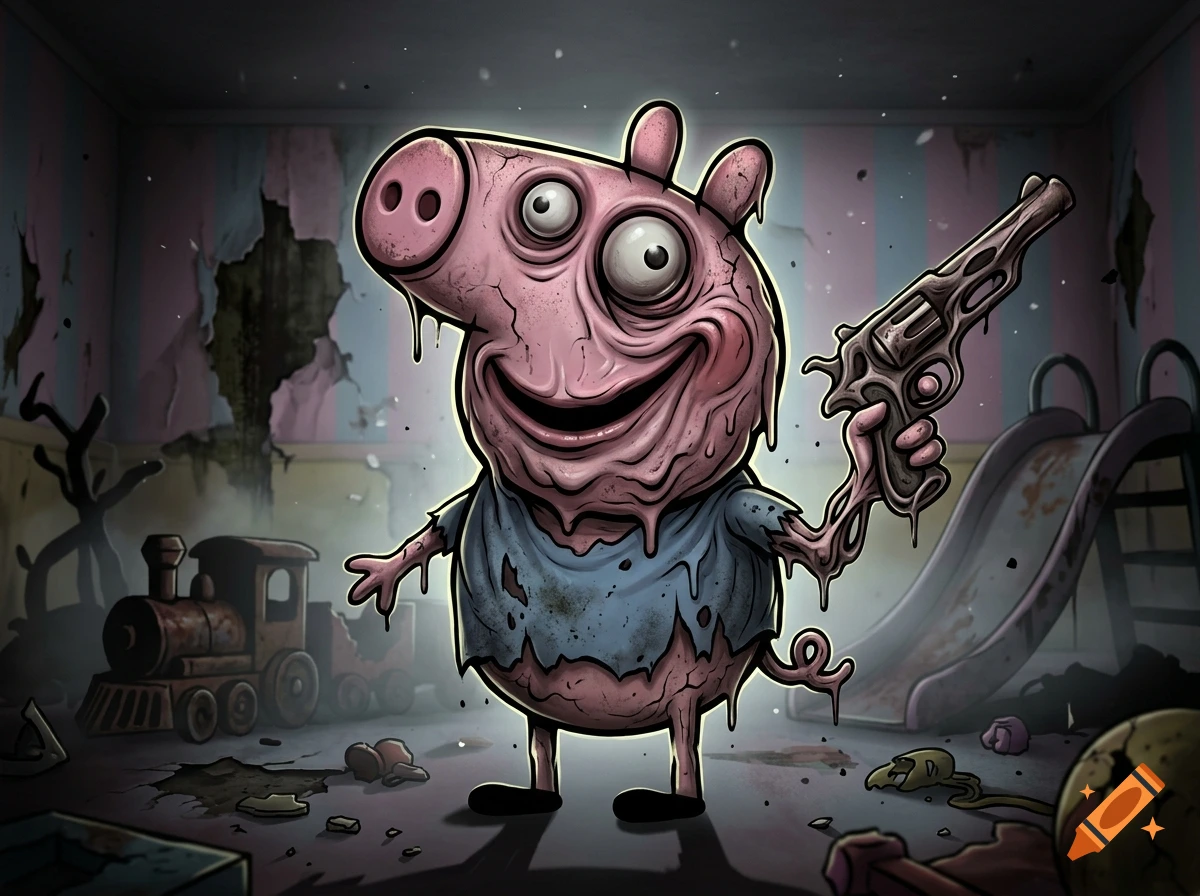 A grotesque, melting cartoon pig holding a vintage gun in a dilapidated playroom, horror illustration style.