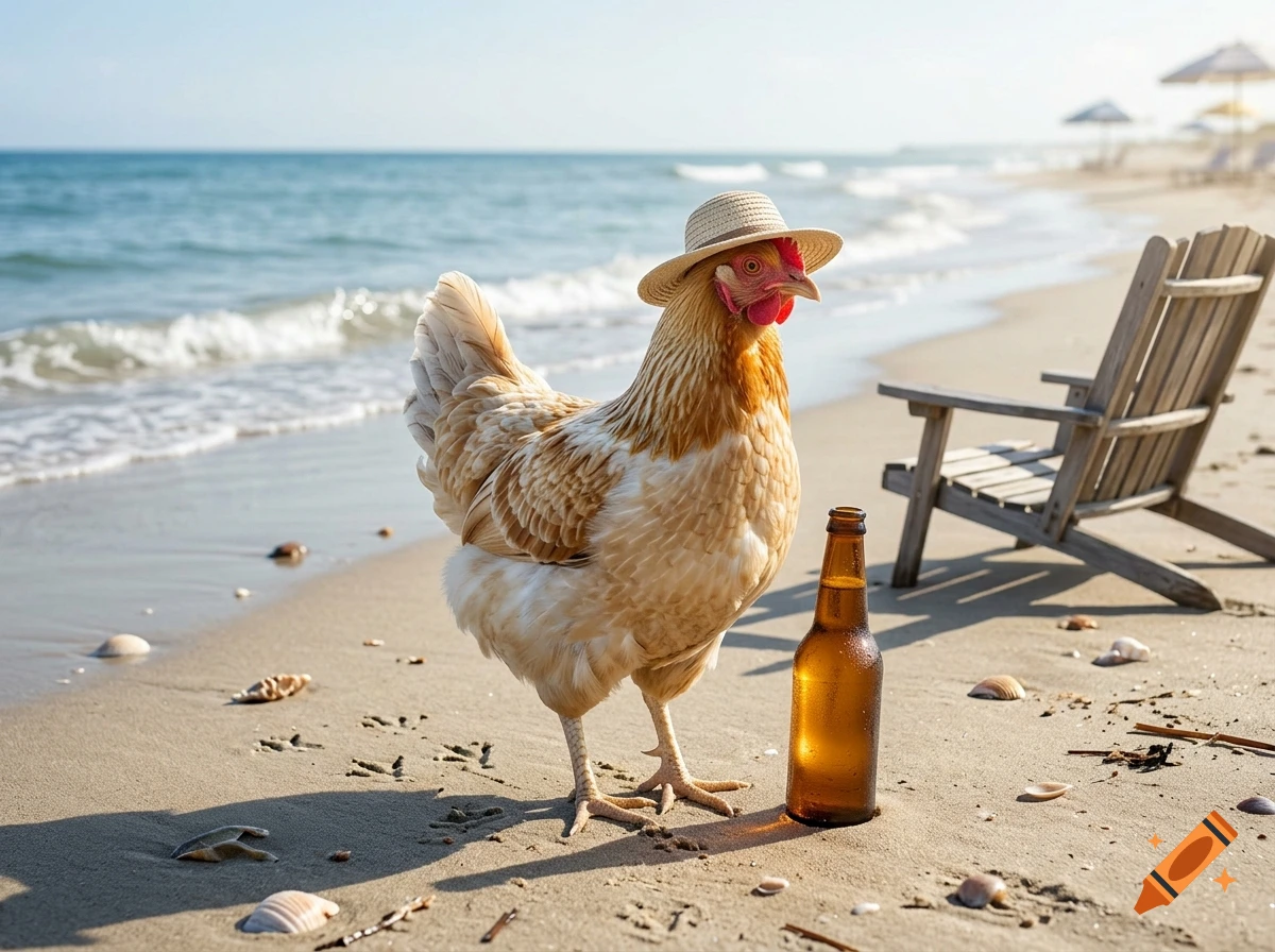 Photorealistic image of a chicken wearing a straw hat and standing on a beach next to a beer bottle.