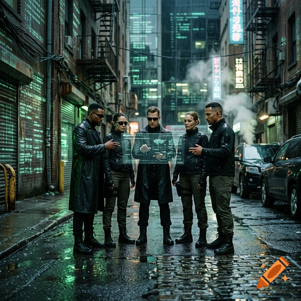 Photorealistic scene of five Matrix-style cyber agents in black coats and tactical gear standing in a rainy alley, looking at a digital holographic map.