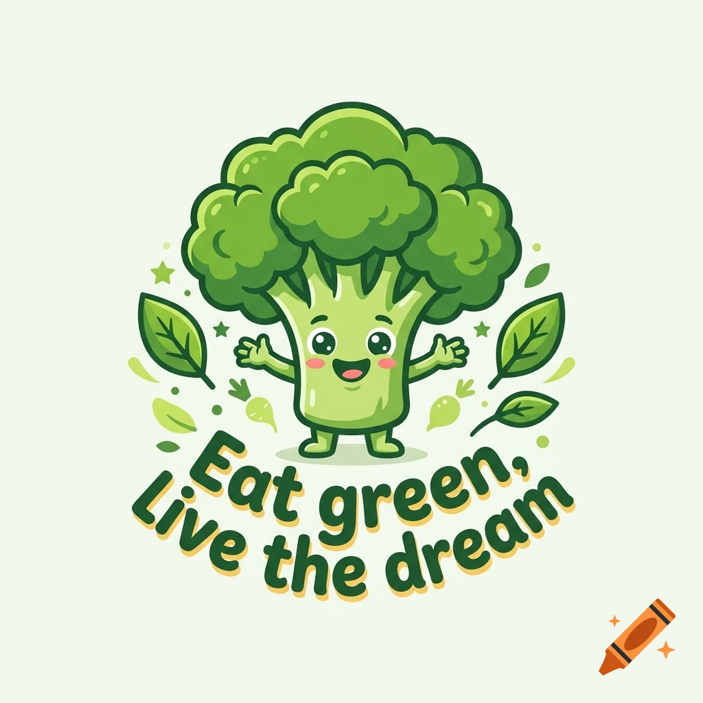 Cute cartoon broccoli mascot with arms, legs, and a smiling face surrounded by leaves and the text 'Eat green, live the dream'.
