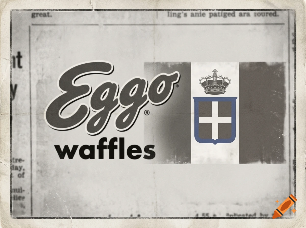 Vintage black and white newspaper clipping featuring the Eggo waffles logo and the Kingdom of Italy flag.