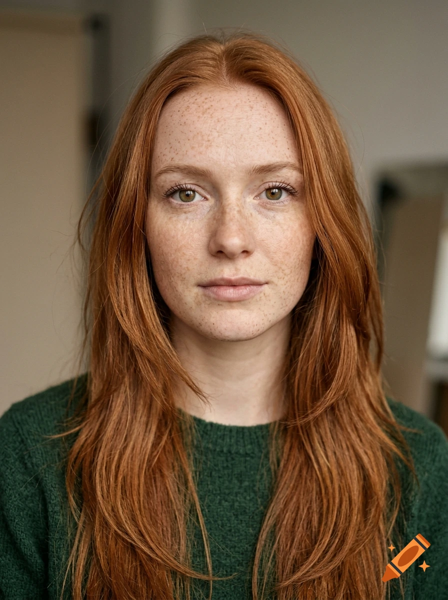 Close-up portrait of a young woman with long red hair, green eyes, and freckles, wearing a green sweater.