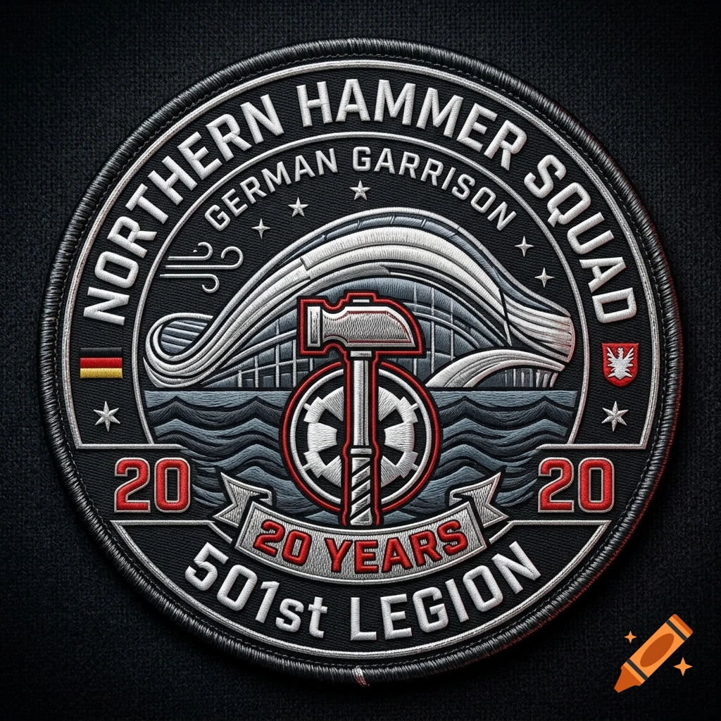 Embroidered circular patch for the 20th anniversary of the Northern Hammer Squad, featuring the Klimahaus Bremerhaven and a hammer.