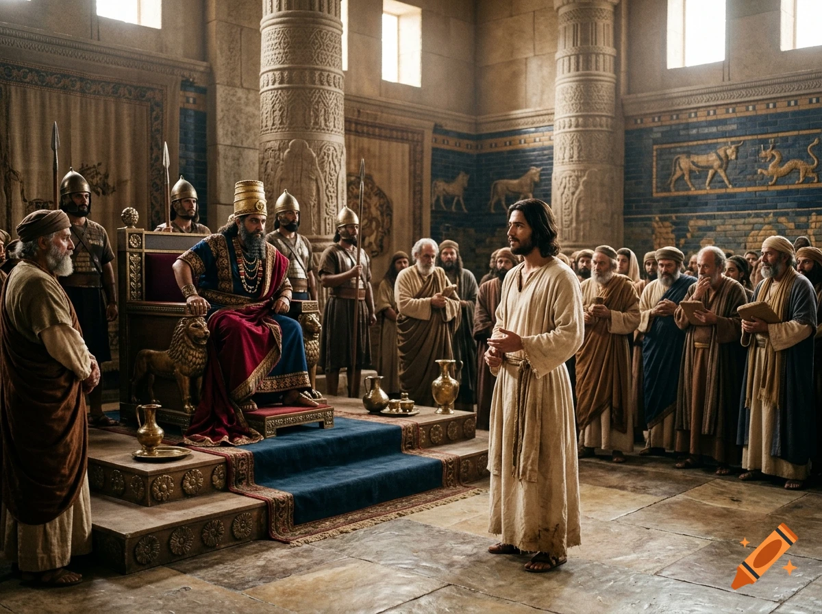 Cinematic historical scene of a man standing before a king seated on an ornate throne in a grand hall, surrounded by guards and advisors.