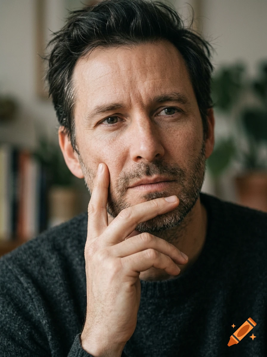 Close-up photorealistic portrait of a pensive man with dark hair and a beard, resting his chin on his hand.
