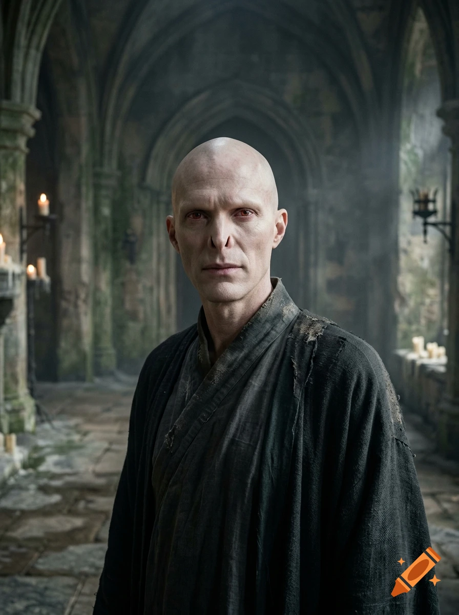 Photorealistic portrait of a bald, pale man resembling Lord Voldemort in a stone castle hallway.