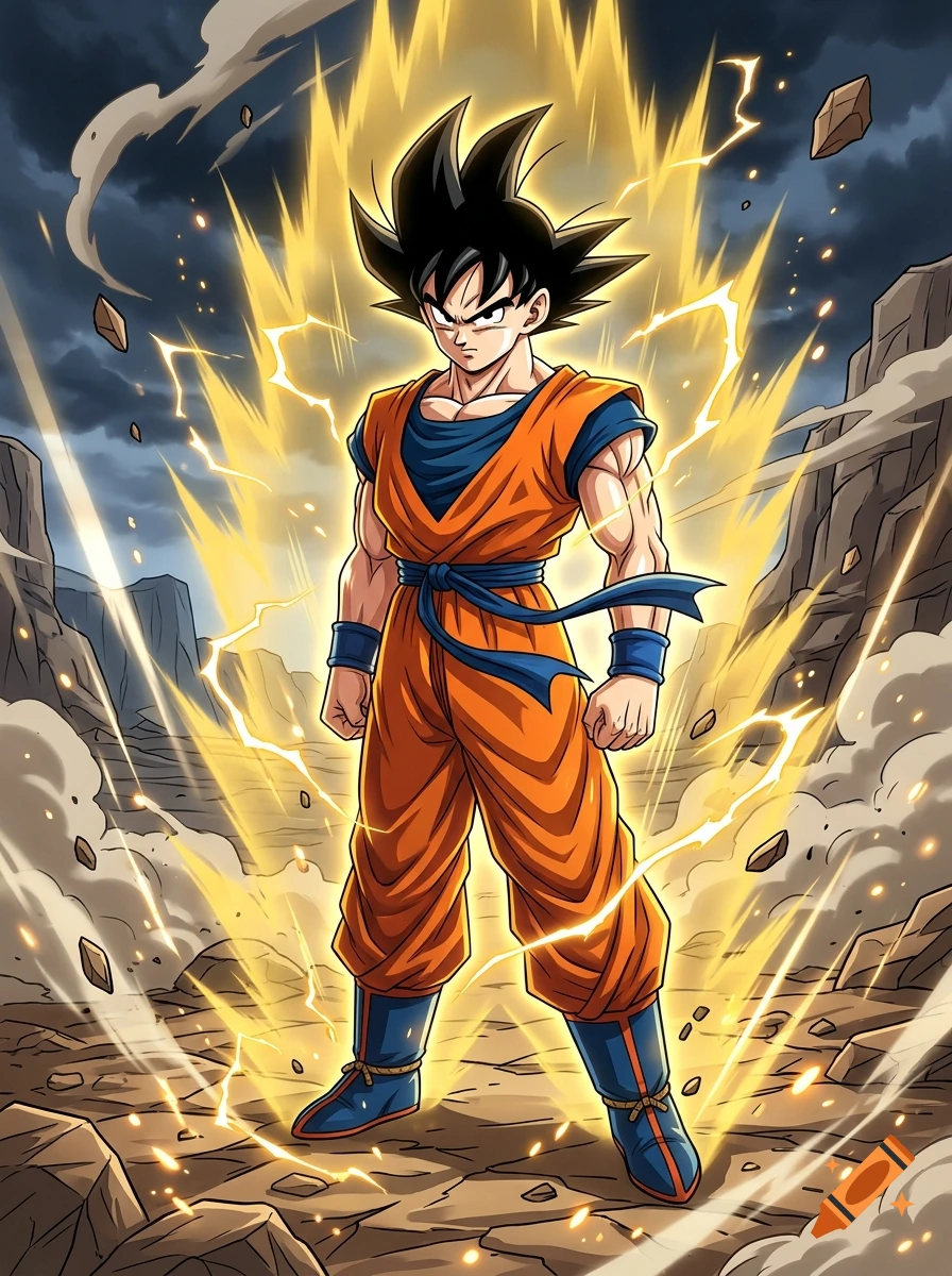 Dragon Ball style illustration of Goku in Super Saiyan form with golden aura and lightning, standing on a rocky ground.