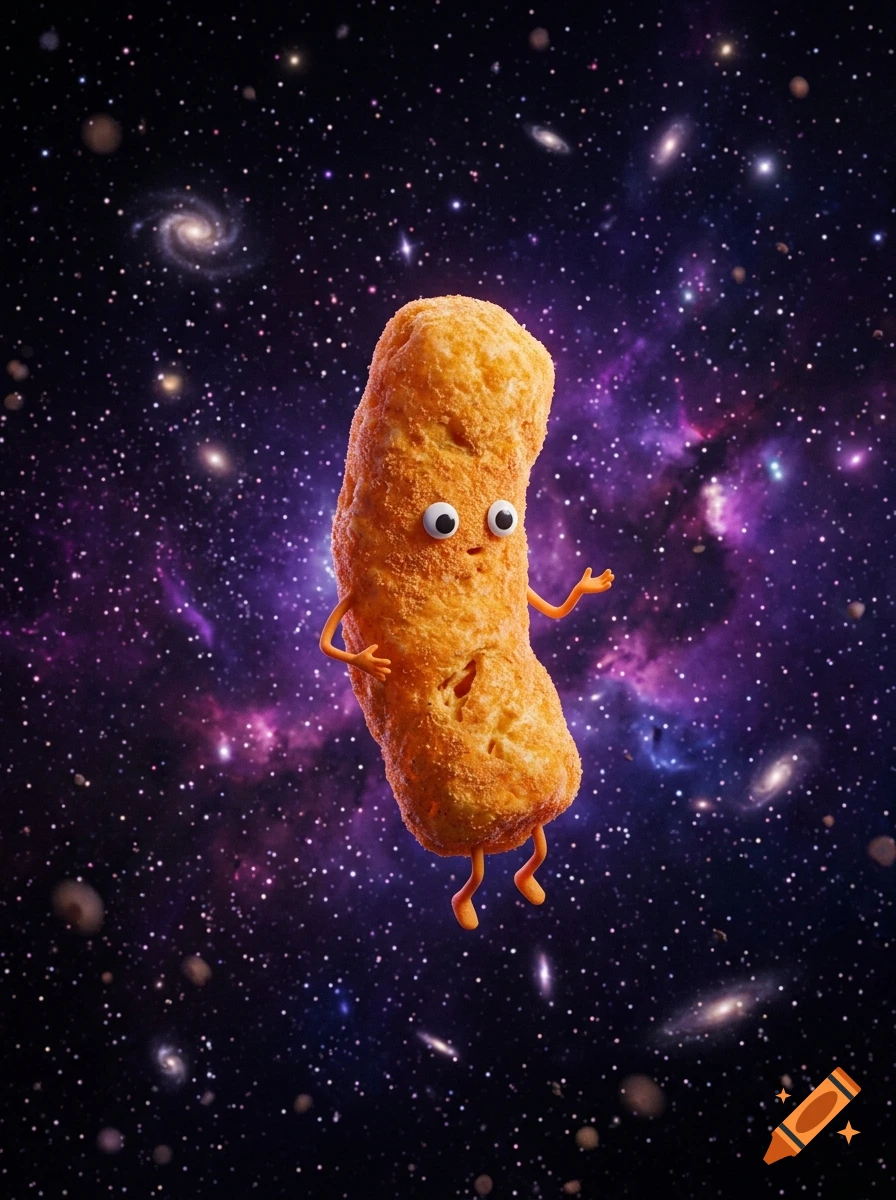 An anthropomorphic Cheeto with googly eyes floating in a vibrant galaxy filled with stars and nebulae.