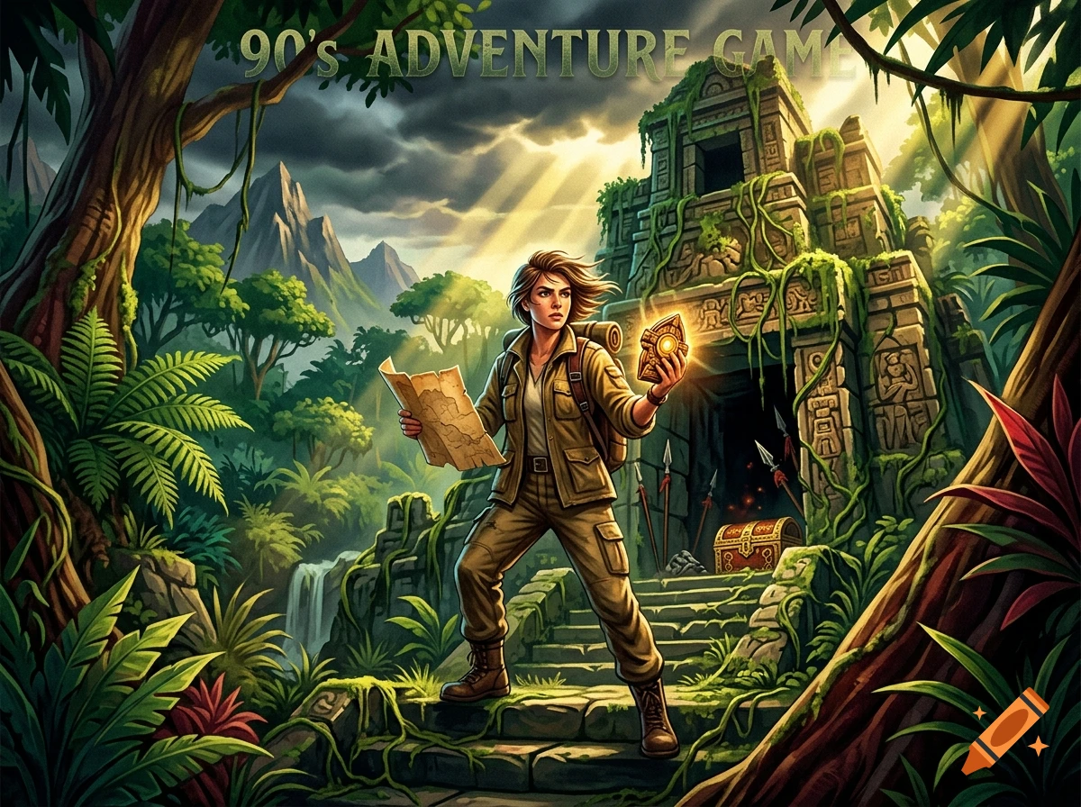 An adventurous explorer holding a map and glowing artifact in a jungle temple ruin, rendered in 90s box art style.