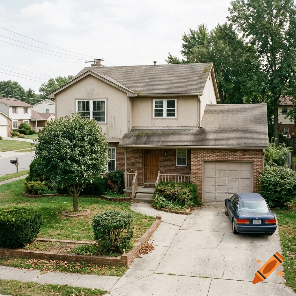 Photorealistic image of a two-story suburban house with a brown roof, brick foundation, front lawn, and a car parked in the driveway.
