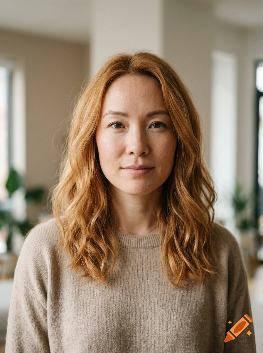 A portrait of a woman with long red-blonde hair wearing a tan sweater.