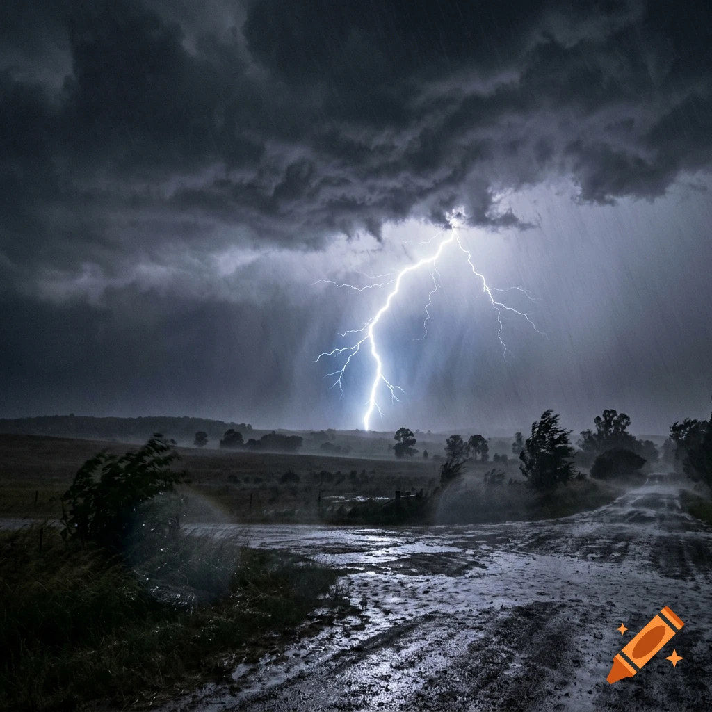 A powerful lightning strike illuminates a dark, stormy sky over a rural landscape with a wet dirt road during heavy rain.