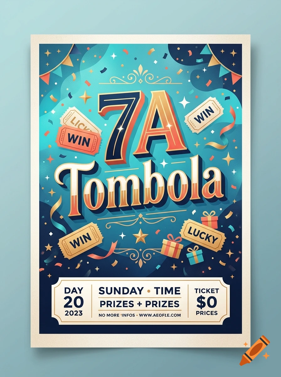 Colorful illustrative poster for a 7A Tombola event featuring lucky tickets and gift boxes in a playful, festive style.