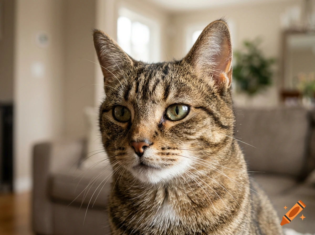 Close-up portrait of a brown tabby cat with green eyes indoors.