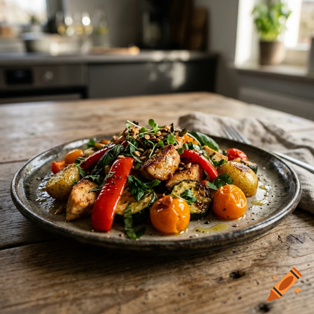 Close-up photorealistic image of a plate with roasted chicken, potatoes, tomatoes, and vegetables on a wooden table in a kitchen.
