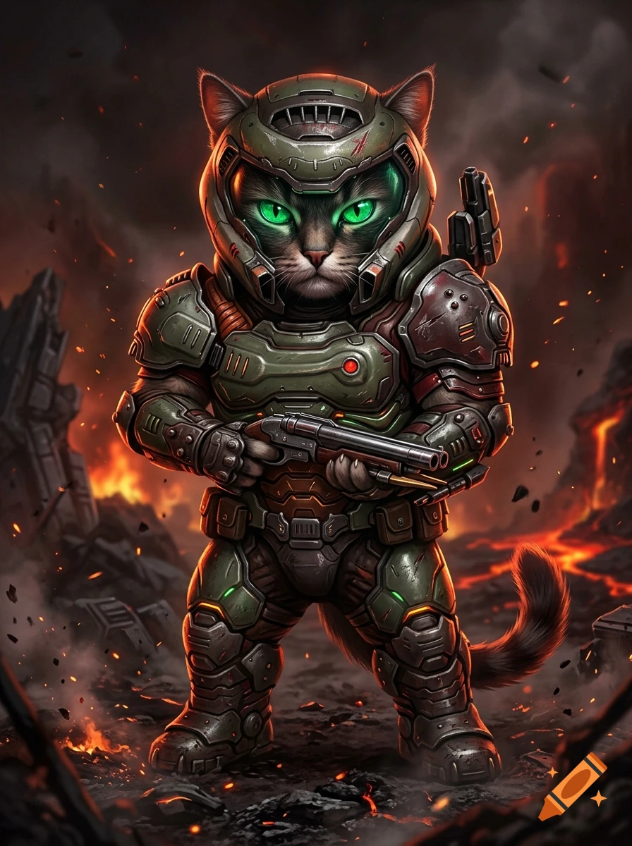 An anthropomorphic cat wearing Doomslayer armor holding a shotgun, standing in a fiery hellscape setting.