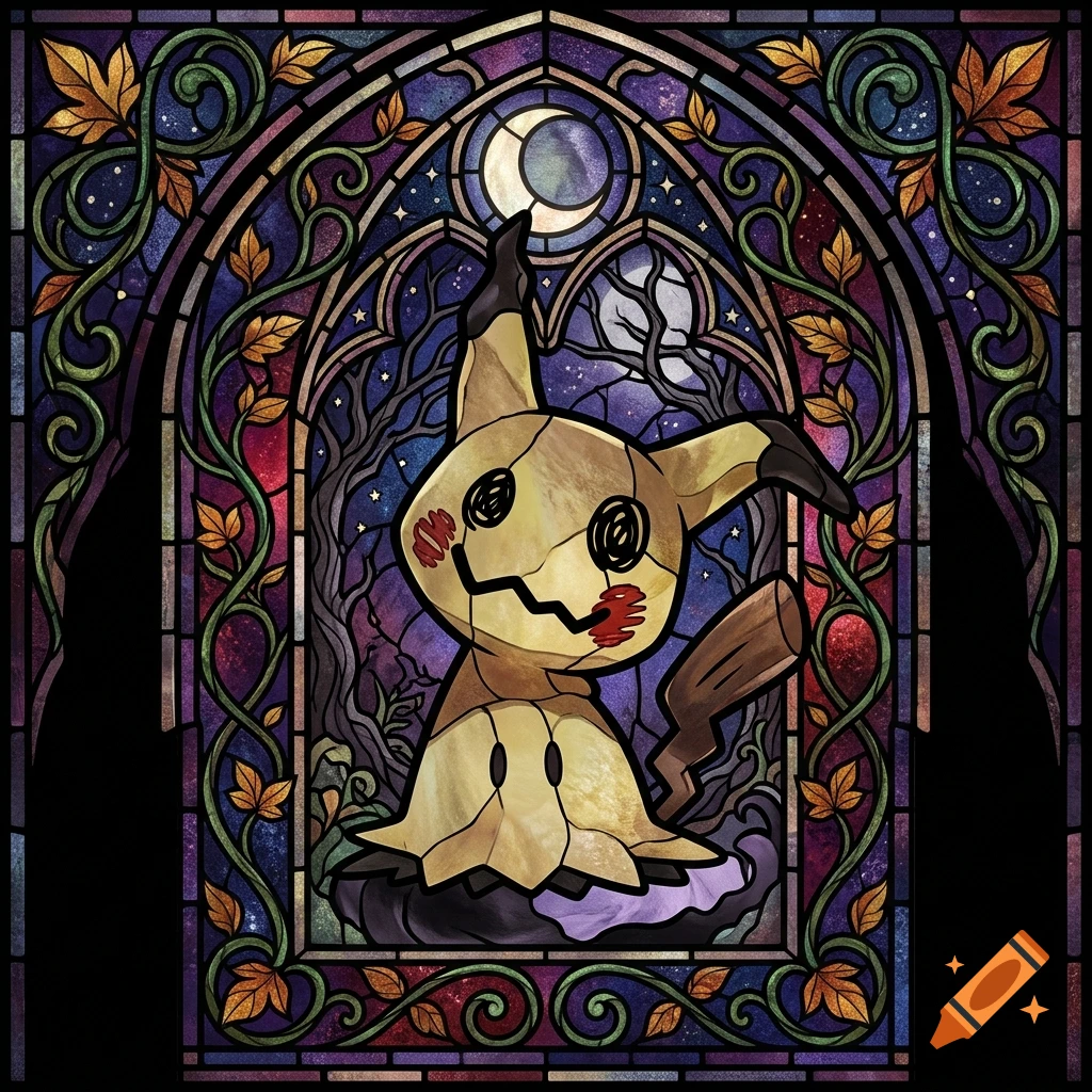 Stained glass art of Mimikyu set against a starry night background with vines framing the arched window.