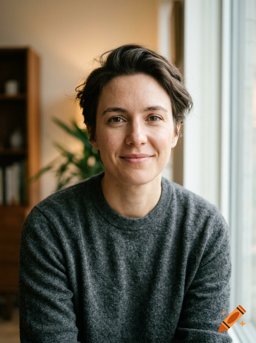 Close-up portrait of a person with short dark hair and a gray sweater, smiling gently near a window.
