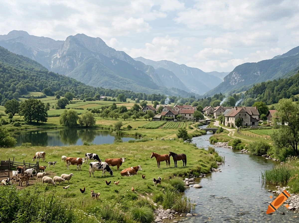 A scenic alpine valley landscape featuring a river, a lake, farm animals grazing in a lush meadow, and a small village nestled against towering mountains.
