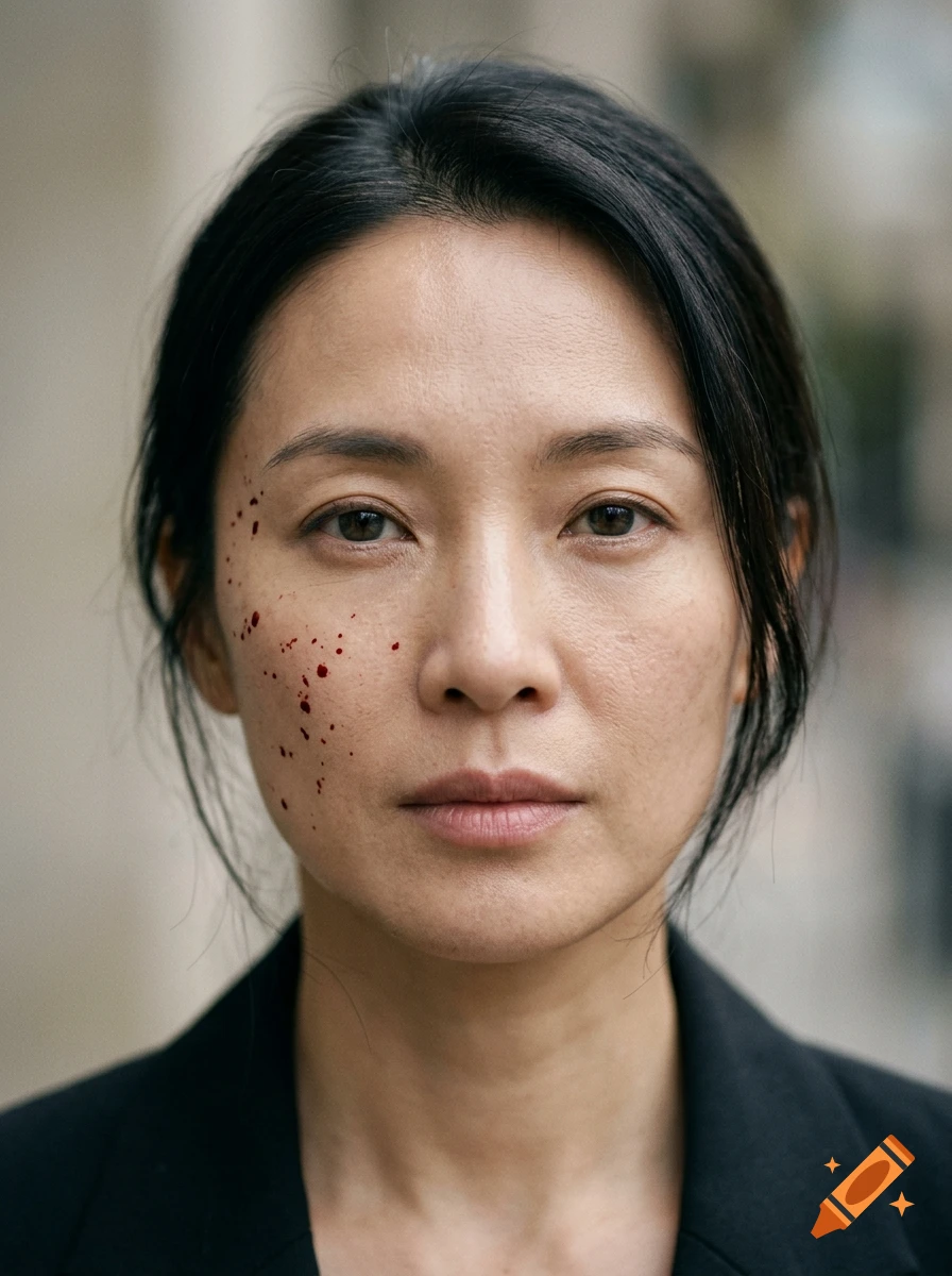 Photorealistic close-up portrait of an East Asian woman with dark hair and a few small blood spatters on her right cheek.
