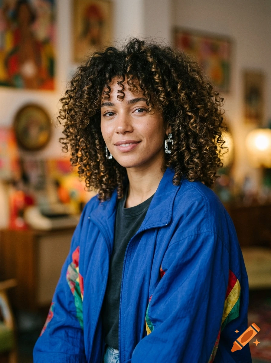 Portrait of a woman with curly brown hair wearing a blue jacket and earrings, indoors with art on the walls.