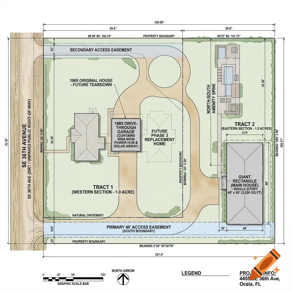 Detailed architectural site plan and layout diagram for 4455 SE 36th Ave, showing property boundaries and easements.