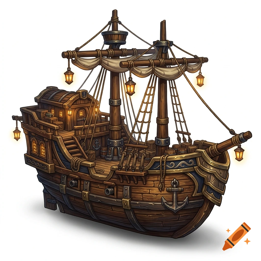 Stylized fantasy art of a wooden Warcraft-style naval tradeship with glowing lanterns, isolated on a white background.