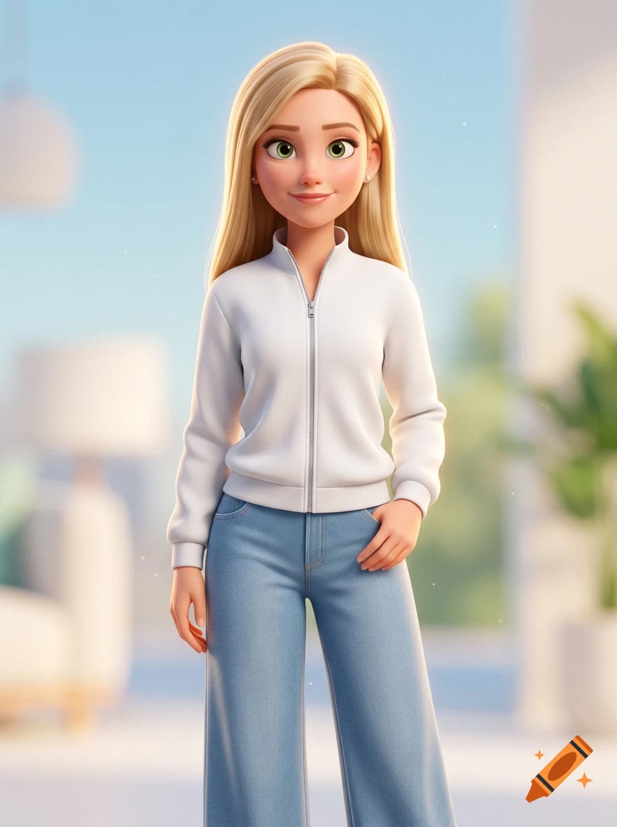 Pixar-style 3D render of a blonde woman with green eyes wearing a white zippered hoodie and light blue wide-leg jeans.