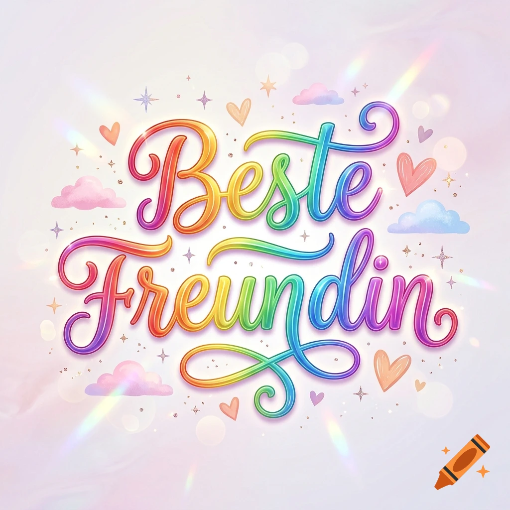 Colorful rainbow typography reading 'Beste Freundin' surrounded by clouds, hearts, and sparkles.
