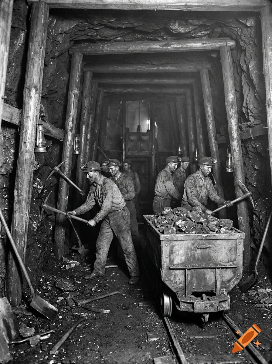 Black and white historical photo of miners working in an underground tunnel with a loaded ore cart.