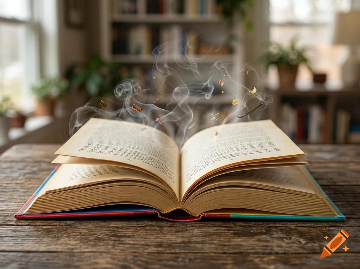 An open colorful book on a wooden table with swirling smoke and tiny particles rising from the pages, in a cozy room setting.