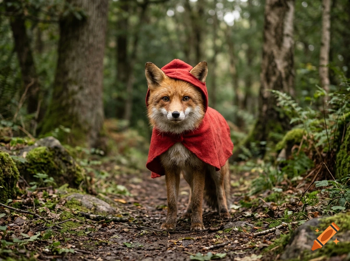 A fox wearing a red hooded cape stands on a forest path.